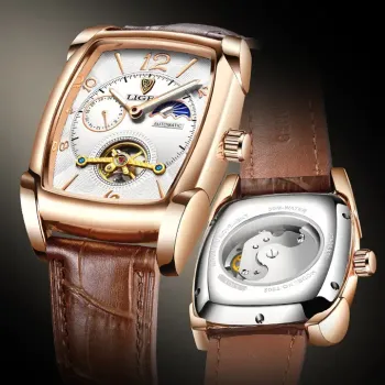 Lige 8949 Square Automatic Watch - Genuine Leather Waterproof Mechanical Wristwatch for Men