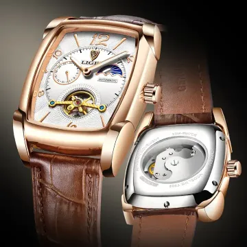 Lige 8949 Square Automatic Watch - Genuine Leather Waterproof Mechanical Wristwatch for Men