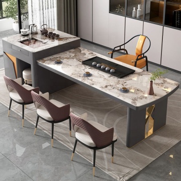 Metal Base Island Dining Table with Rock Plate Top for Restaurant or Dining Room
