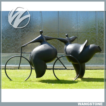 Garden Landscape Bronze Dancing Fat Couple with Bicycle Sculpture