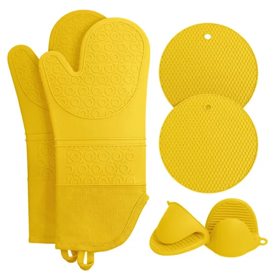 Extra Long Yellow Silicone Oven Gloves for Baking, Cooking, BBQ & Dishwashing: Heat Resistant Kitchen Mitts
