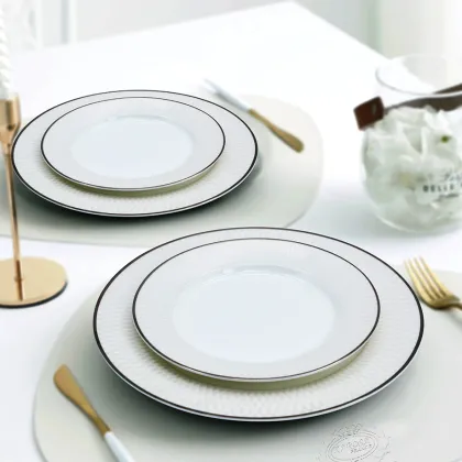 Embossed Platinum 10.5 Inch 8 Inch White Porcelain Bone China Dinner Plate Set