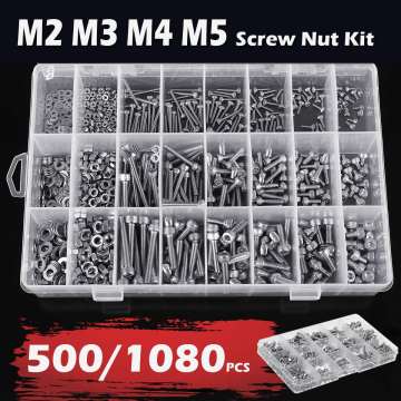 500/1080pcs M2 M3 M4 M5 Hex Socket Screw Set Carbon Steel Flat Round Cap Head Screws Bolts and Nuts Assortment Kit w/Storage Box