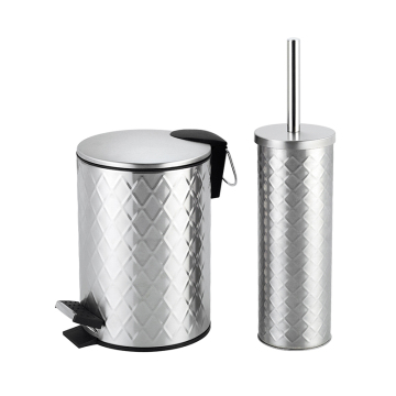 Stainless Steel Silver Round Bathroom Waste Bin with Toilet Brush Holder and Foot Pedal