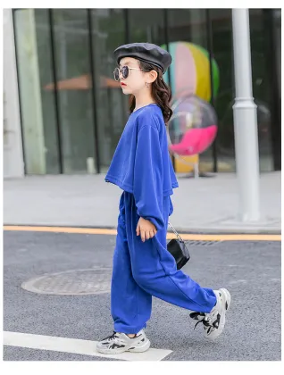 High quality girls 100% cotton sweat suit solid color hip hop 2-piece set girls sweat suit