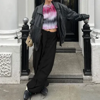 Street High Quality Nylon High Waisted Wide Leg Cargo Elastic Pants Women OEM