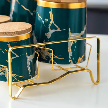 Wholesale Golden Marble Ceramic Storage Jar with Bamboo Lid