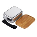 Wooden Lid Rectangular Layer Metal Bento Box