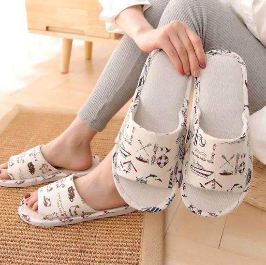 Cute Washable Cotton-Linen Open-Toe House Slippers for Couples