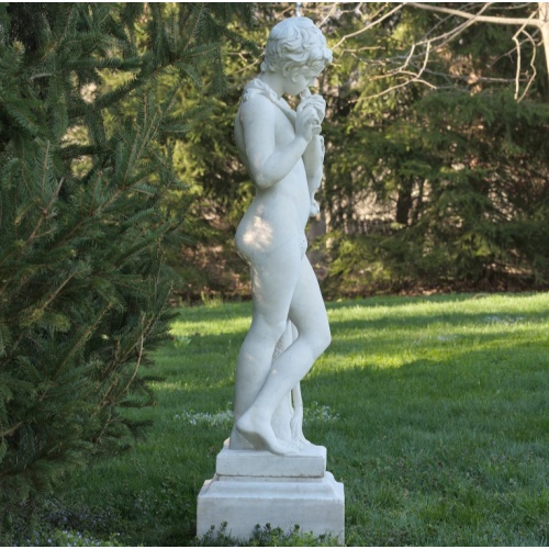 Italian Marble Faun Sculpture Flute and Lion Pelt