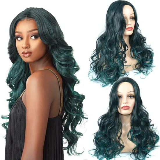 wholesale Hot Sale Long Ombre Green Wavy Wig Cosplay Daily Party Synthetic Wigs For Black Women High Temperature Hair Wig
