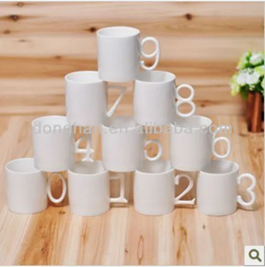 wholesale white ceramic cup with letter handle,