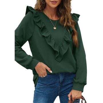 Women Long Sleeve Ruffle Crewneck Tops