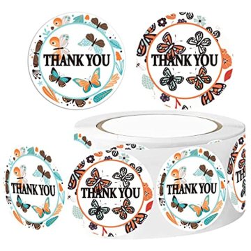 1.5 Inch 500 Pcs/Roll Butterfly Sticker Roll - Floral Thank You Stickers for Weddings, Bridal, Birthday Parties