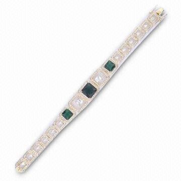 925 Sterling Silver Bracelet with Green Glass and White CZ in Gold Plating, OEM and ODM Welcomed