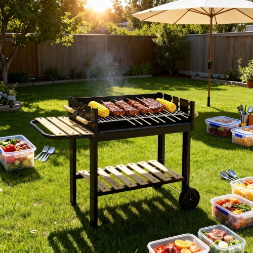 เตาย่างถ่านปรับความสูงการทำงานพร้อมชั้นวางไม้