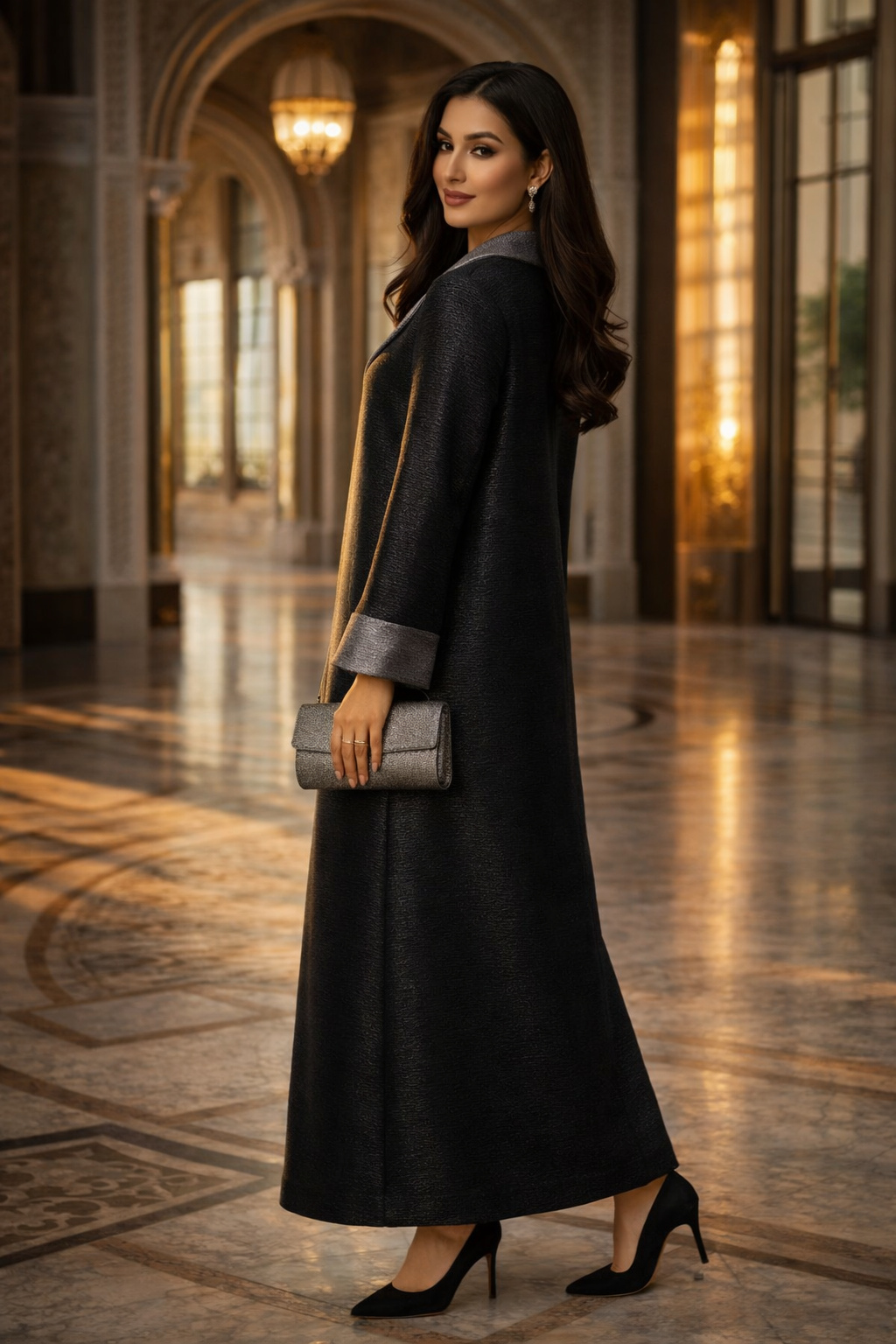 black metallic textured abaya side back