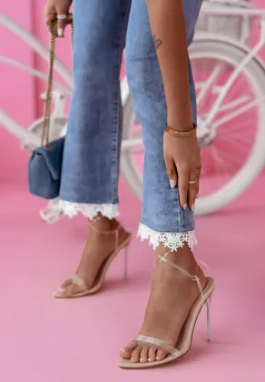 2024 Summer High Waisted Slim Fit Denim Jeans with Flared Hem and Lace Detailing