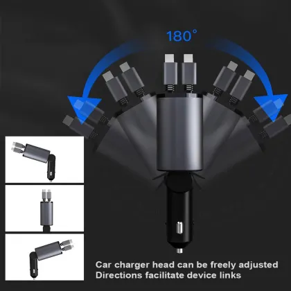 4-in-1 Retractable Fast Charging Car Charger for iPhone, Samsung, Pixel, Huawei