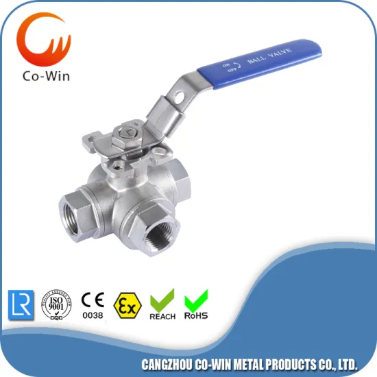 304 three way ball valve T port with mounting Pad