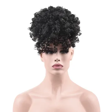 High Puff Afro Kinky Curly Wig Ponytail Drawstring Short Pony Tail Warp Bun Chignon with Bang Synthetic Hair Extensions
