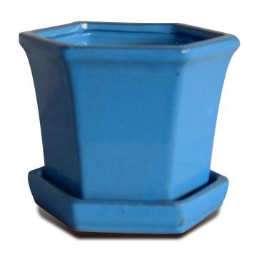 Delicate Ceramic Glazed Hexagon Pots Attached Saucer