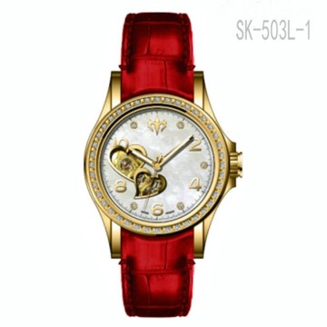 2016 New 2016 New Design High Quality 316L Stainless Steel Case Genuine Leather Strap Lady Automatic Skeleton Watch
