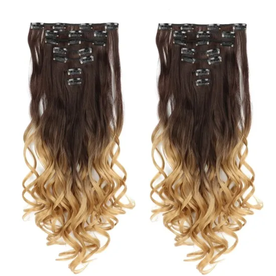 Wholesale Blonde Black Long Wave Ombre 22''7Pcs16Clips Curly Hairpiece Synthetic Hair Clip In Hair highlight Extension For Women