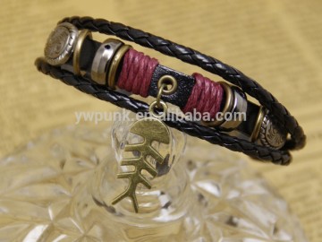 China Top Fashion Jewelry Manufacture with supreme quality competitive Price Bronze Fish Sign Charm Wholesale Leather bracelet