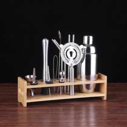 Stainless Steel Bartender Kit with Wooden Stand - Professional Barware Tools for Travel and Cocktail Making