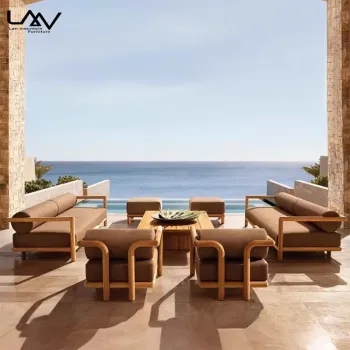Modern Designer Outdoor Hotel Sofa Set with Teak Frame and Fabric Combination