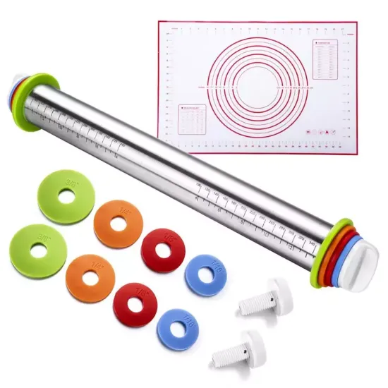 Professional Quality Non-Stick Rolling Pin with Adjustable Measurements and 4 Rings for Easy Baking of Bread and Pastry