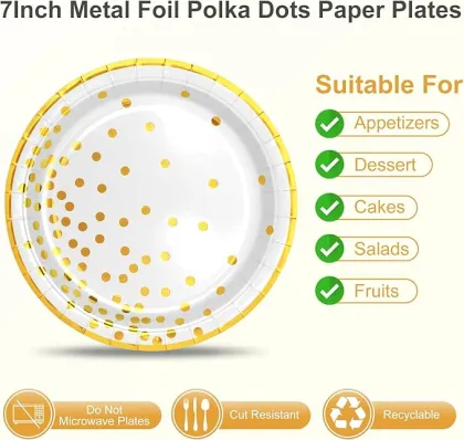 White Gold Paper Tableware Set - Dessert Plates, Napkins and Plastic Forks