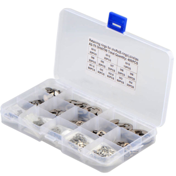 Kombinasi klem berbentuk e 400 pcs Set dalam stainless steel khusus 304 - ukuran M1.5 hingga M15, cocok untuk kotak karton dan sesuai dengan DIN6799