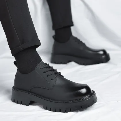 2025 Men's Black Platform Derby Shoes - Round Toe Dress Shoes