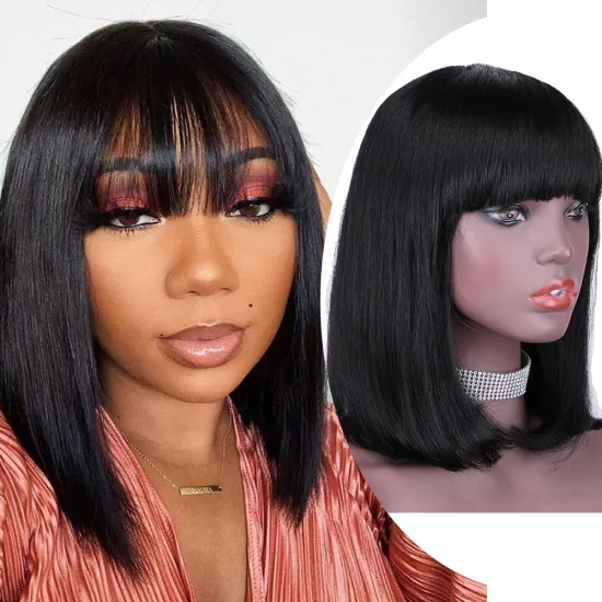 14 inch 150g Brazilian natural black Silky straight human hair Bob wig Short Machine Made Wig with bangs for women