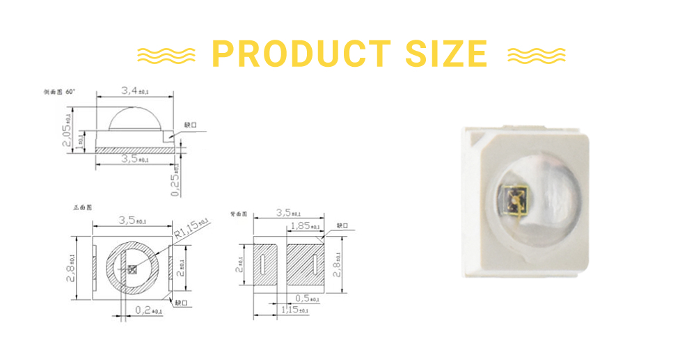 Size of 2835LGC57D5L12A60 Yellow green 570nm LED Emitters Dome Lens SMD LED 60 Degree 