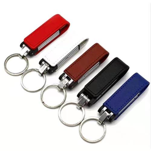 Aanpasbare lederen USB-flashdrive met sleutelhanger