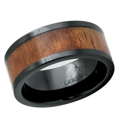 8mm Koa Wood Inlaid Black Ceramic Wedding Men's Ring - Black Ceramic Ring Blank with Koa Wood Inlay
