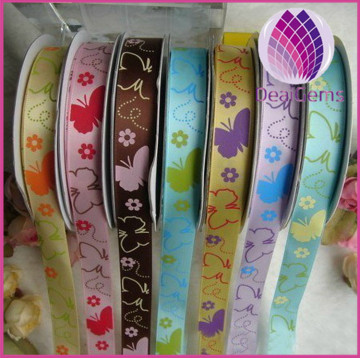 Cute butterfly grosgrain ribbon,5/8 inch with single-side printed animal,Children's hair accessories,100yards / roll.