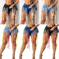 Womens Color Webbing Tassels Denim Shorts