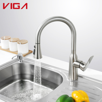 Deck Mounted Long Neck Pull Out Flexible Hose Kitchen Sink Faucet