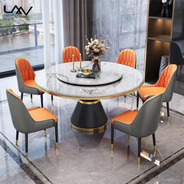 Italian Luxury Marble Dining Table and Chair Set with Round Metal Frame