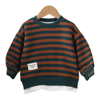 2024 Spring Autumn Fashionable Kids' Casual Set: Stylish Striped Label Single Piece Neck Sweater for Boys, Suitable for 0-5 Year Old Babies