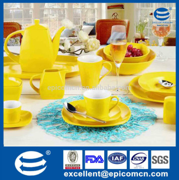 square shape large customized color glaze wholesale ceramic tea pots, yellow color glazed dinner set for daily use