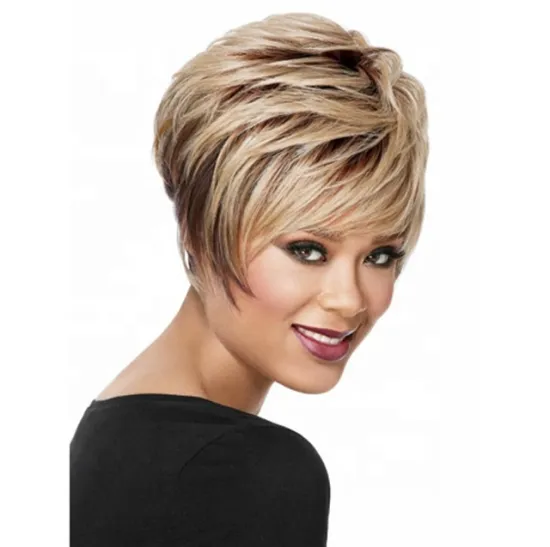 cheap short gold and brown synthetic wigs natural straight wig synthetic hair wig for women