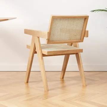 Solid Wood Dining Chairs with Rattan Arm Chairs for Home and Balcony