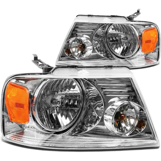 Chrome Housing Amber Reflector Front Headlights for Ford F150 Pickup 2004-2008