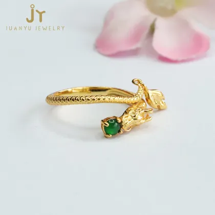 Chinese Zodiac Green Myanmar Jade Dragon Shape Rings in S925 Silver - Natural Jadeite Jewelry