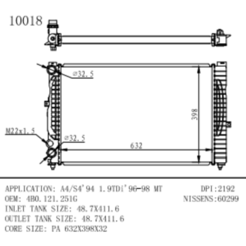 Радиатор для A4/S4 &#39;94 1.9TDI` 96-98 OEM number4b0.121.251g